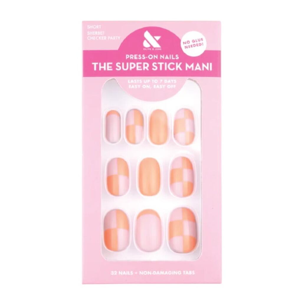 Olive and June Press-on Nails- Sherbet Checker Party-Round-Short-No Glue -New!